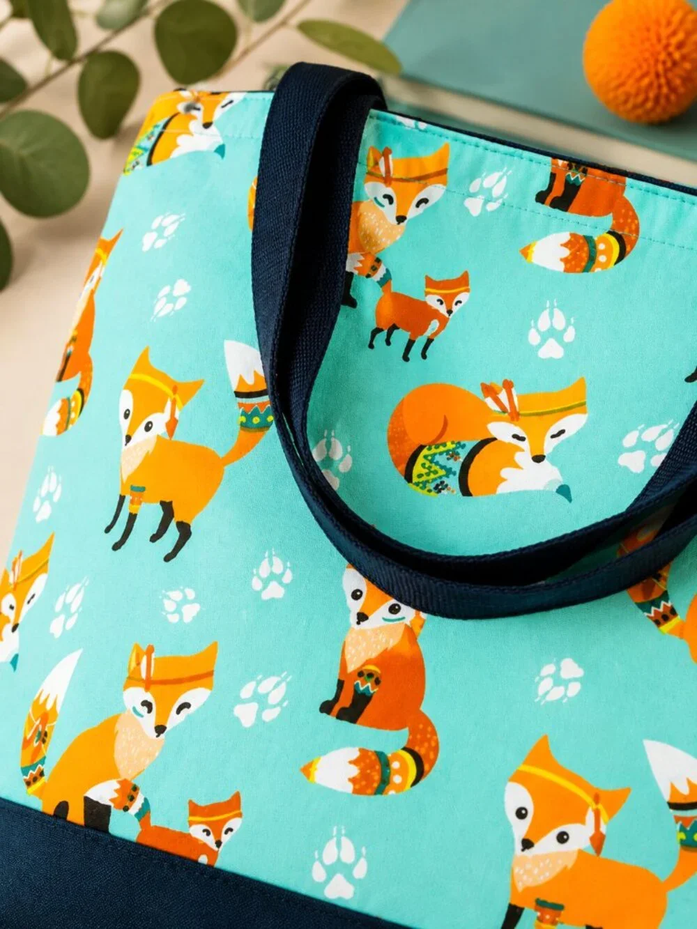 Whimsical Fox Print Tote Bag Aqua Orange Woodland Animal Navy Handles NWT